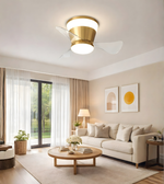Modern ceiling light fan with integrated LED installed in a contemporary living room interior