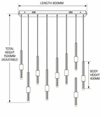 Technical dimension diagram of a multi-light linear ceiling fixture with adjustable hanging cords, showing labeled measurements for length 800mm, total height 1500mm, and body height 400mm.