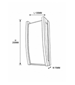 Technical dimension drawing of modern black LED outdoor wall light showing L135MM W75MM H250MM dimension