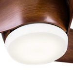Close-up of a ceiling fan with wooden blade and white light fixture.