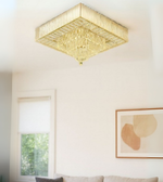 Crystal Frame square chandelier with gold detailing and crystal layers.