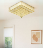 Crystal Frame square chandelier with gold detailing and crystal layers.