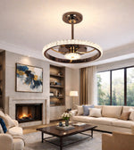 Luxury crystal ring fandelier with retractable blades installed in a modern living room interior