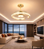 AURORA Crystal Fandelier ceiling fan with elegant crystal accents and modern design, mounted on a ceiling in a stylish room.