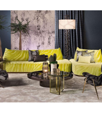 Lime-colored Daya Worldwide statement sofa with plush cushions and modern design, set in a stylish living room.