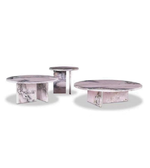 Round marble coffee table set with sleek white marble tops and black metal legs, modern living room furniture by Daya Worldwide