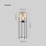 Dimension guide of tall amber glass floor lamp with metal frame