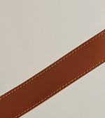 Close-up of a brown leather strap with visible stitching on a light gray background