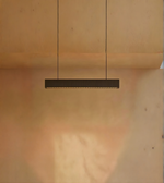 Modern pendant light hanging against a wooden wall