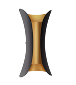 Decorative wall sconce with black and gold design on a white background