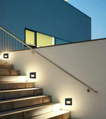 Modern staircase with wall-mounted lights against a blue sky