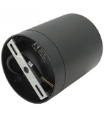 Black cylindrical object with internal components on a white background