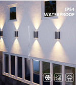 Outdoor wall lights on a building exterior with 'IP54 Waterproof' text.