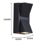 Black outdoor wall light with dimensions indicated on a white background