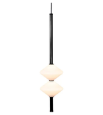 Modern pendant light with two round glass shades on a white background
