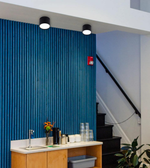 Kitchen area with blue striped wall, white countertop, and wooden cabinets.