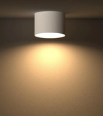 White cylindrical ceiling light fixture on a beige wall.