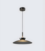 Modern pendant light with a black shade on a white background
