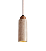 Pendant light with concrete-like finish and wooden top on a white background