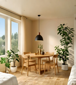 Dining room with wooden table and chairs, plants, and large windows.