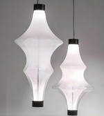 Two modern pendant lights with unique geometric designs on a gray background