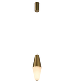 Brass pendant light with white bulb on a white background