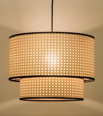 Woven lampshade with a textured pattern on a neutral background