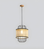 Modern pendant light with woven design on a plain background