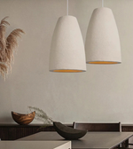 Two pendant lights hanging above a dining table with decorative elements.