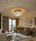 Modern living room with a stylish ceiling light fixture.
