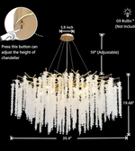 Chandelier with adjustable height feature, dimensions, and bulb information on a black background.