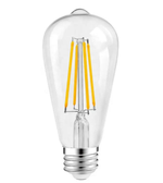 Clear LED light bulb with visible filaments on a white background