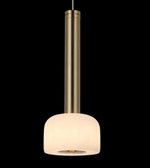 Modern pendant light with white glass shade and metallic fixture on a black background