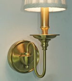 Brass wall sconce with a soft light on a plain background