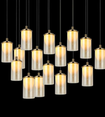 Chandelier with multiple glass pendant lights on a black background