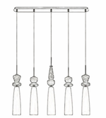 Line drawing of a modern pendant light fixture with five hanging lights.