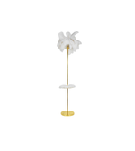 Decorative floor lamp with white feathers and gold base on a white background