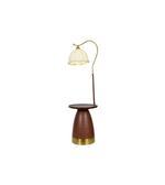 Decorative floor lamp with a wooden base and brass accents on a white background