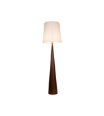 Floor lamp with a white shade and wooden base on a white background