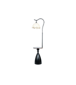 Floor lamp with black base and floral-patterned shade on a white background