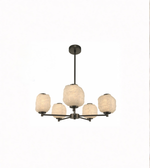 Modern chandelier with five round glass shades on a white background
