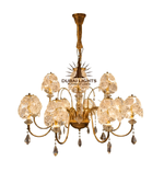 Gold chandelier with crystal accents on a white background, featuring the 'Dubai Lights' brand.