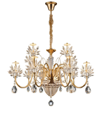 Gold chandelier with crystal accents on a white background, featuring the 'Dubai Lights' brand.