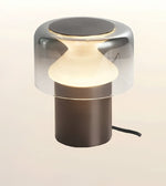 A modern table lamp with a dark bronze cylindrical base, a glowing frosted glass neck, and a clear glass dome shade on a light beige background.