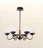 A six-light chandelier with an oil-rubbed bronze finish and textured frosted glass shades, shown against a soft beige gradient background.