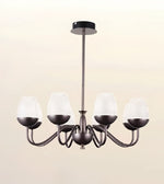 A 5-light chandelier with a dark bronze metal frame and textured white glass shades, shown against a plain beige background.