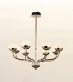 A six-light chandelier with a polished gold-finished metal frame, curved arms, and round frosted glass globes, suspended from a central rod against a plain light background.