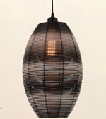A hanging pendant light with a dark brown translucent woven shade made of horizontal slats, shown against a plain light beige background.