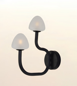 A modern black double-arm wall sconce with frosted white dome-shaped glass shades, shown against a soft warm off-white background.