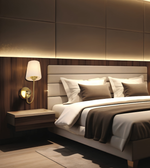 A modern bedroom scene featuring a neatly made bed with white and brown bedding, a matching upholstered headboard, a dark wood nightstand, and a wall-mounted gold lamp against a paneled wood and light wall background.
